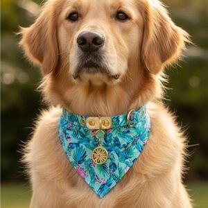 LILLY PULITZER LEATHER CANVAS DOG COLLAR Floral pup Bandana with Pendant M/L M L